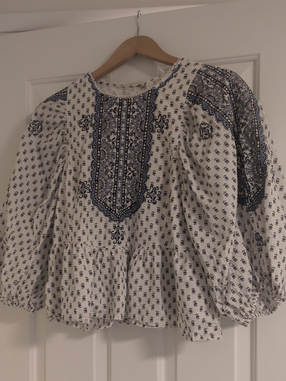 Anthropologie White Blouse with Blue Embroidery